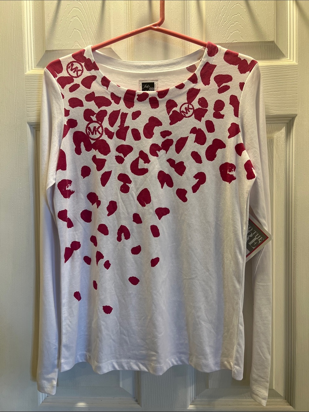 Michael Kors White Long Sleeve Tee with Fuchsia Leopard Print